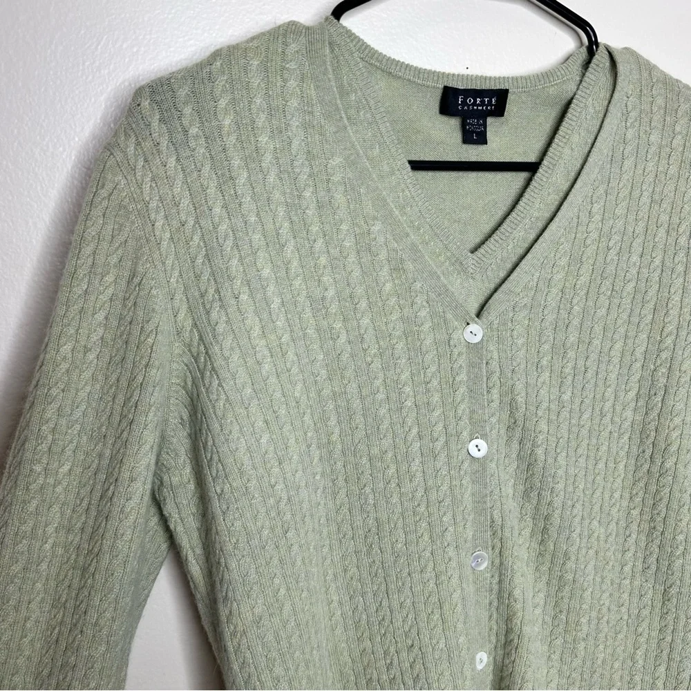 Forte‎ Cashmere 2pc Light Green V-Neck Cable Knit Cardigan and Tank Set sz Large